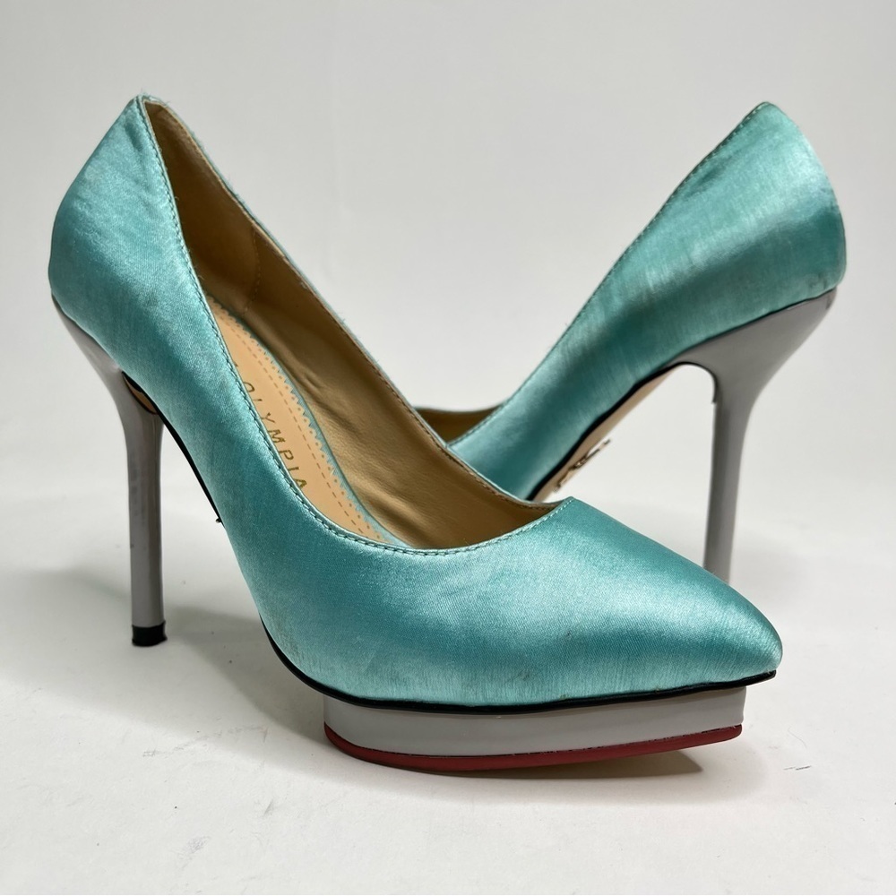 CHARLOTTE OLYMPIA Teal Aquamarine Satin Pointed-Toe Platform Grey Pumps Heels